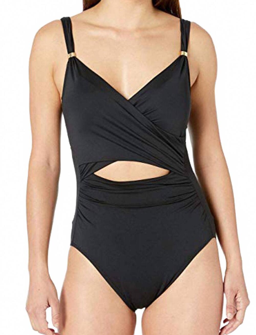 NEW RALPH LAUREN beach club solids cut out wrap one-piece swimsuit in black